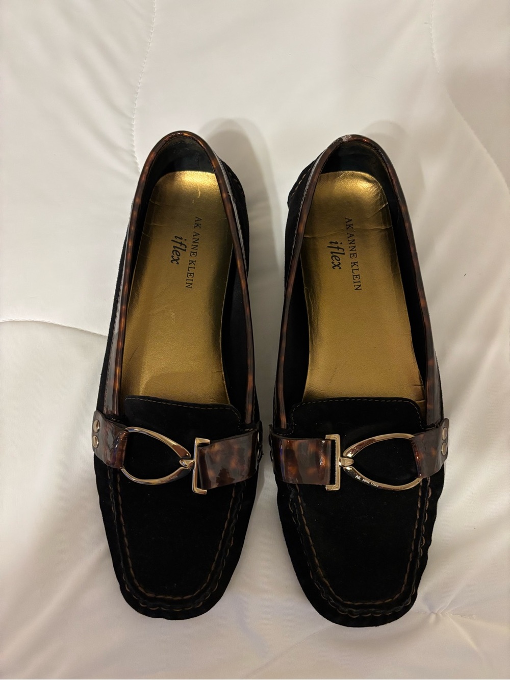AK Anne Klein iFlex Grecia Black Suede Leather Loafers Tortoise Women’s 8.5 M
